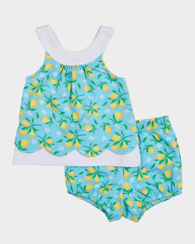 Girl's Lemon-Print Dress and Bloomers Set, Size 3M-24